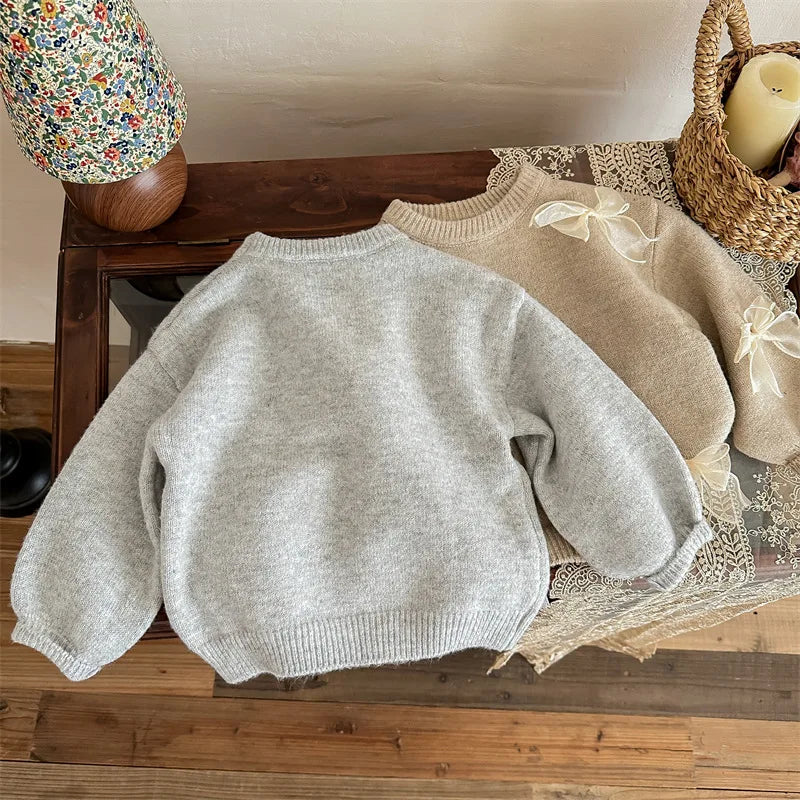 Solid Color Sweaters Cute Bow