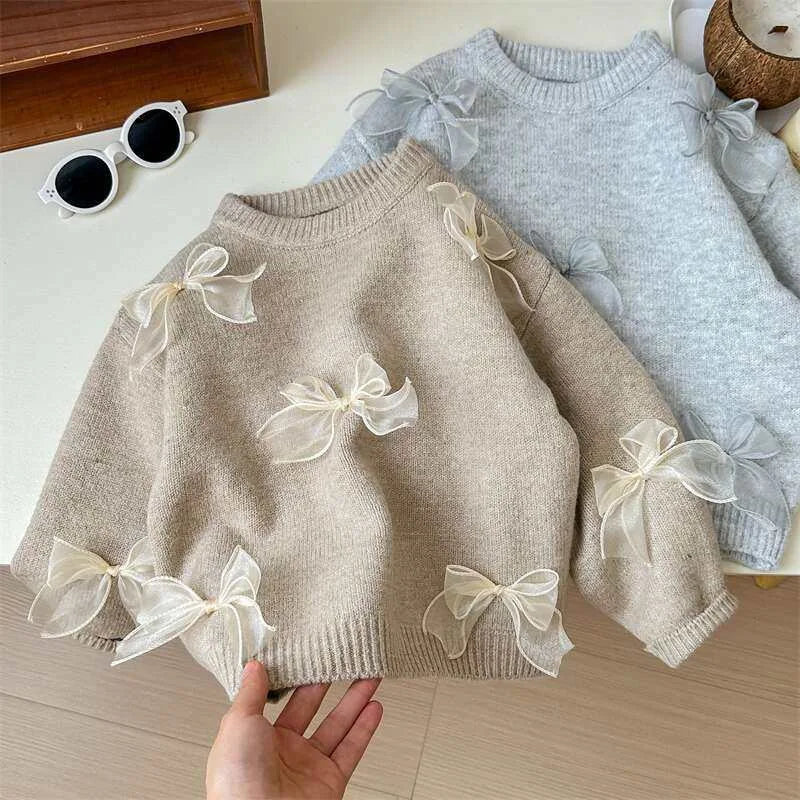 Solid Color Sweaters Cute Bow