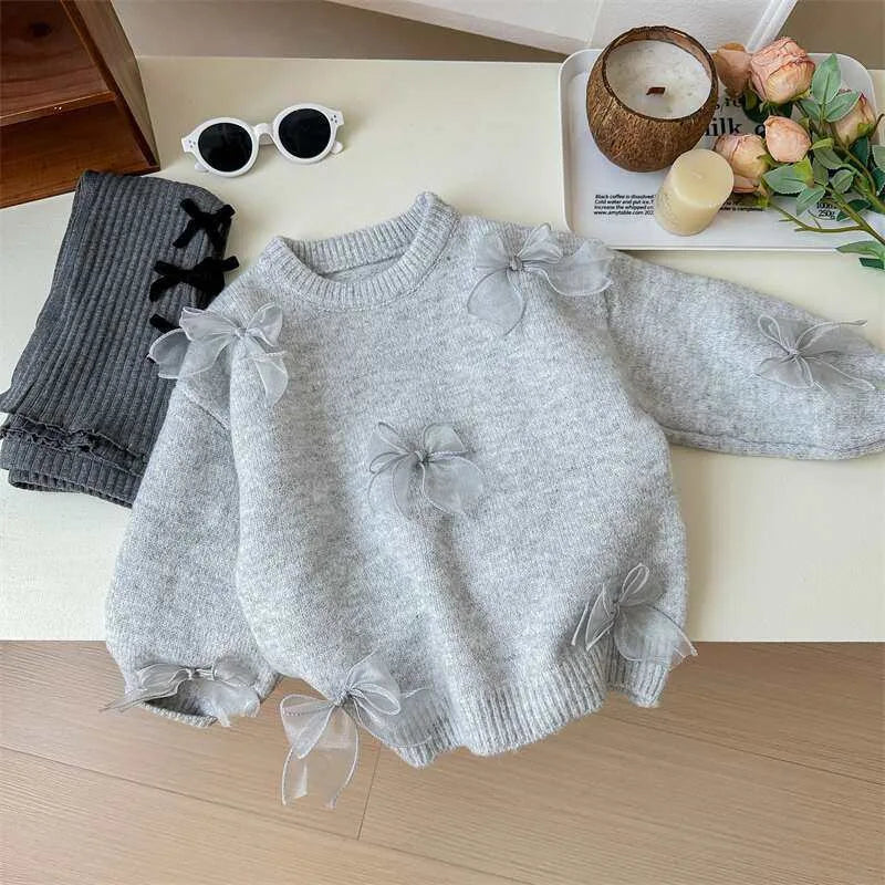 Solid Color Sweaters Cute Bow
