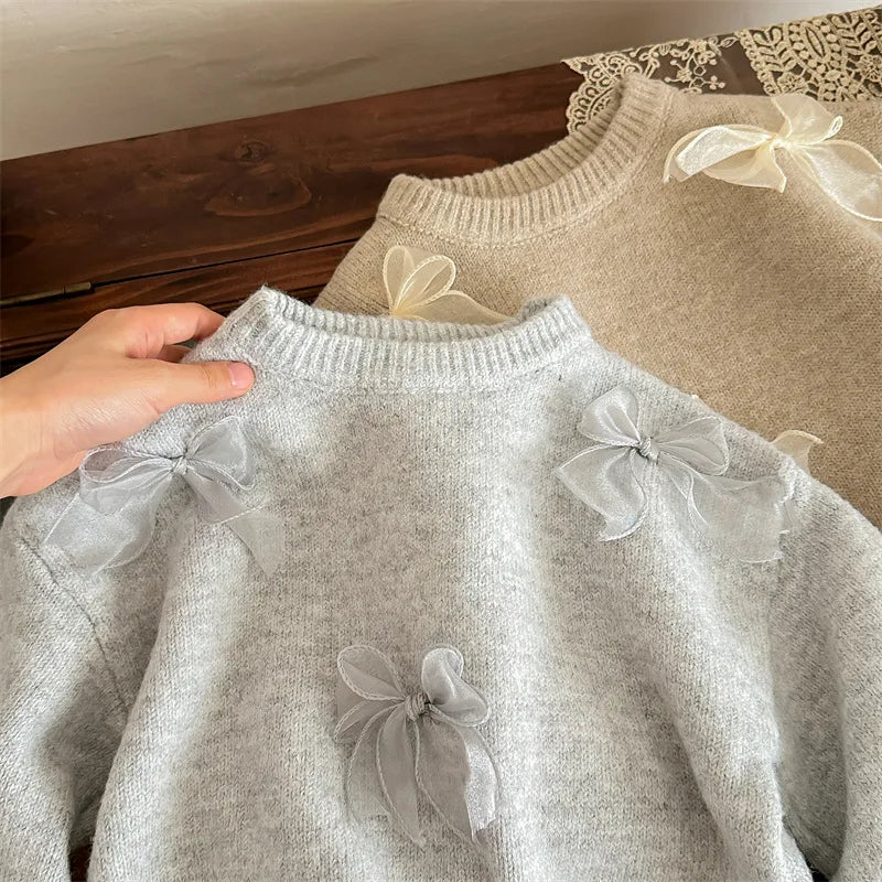 Solid Color Sweaters Cute Bow