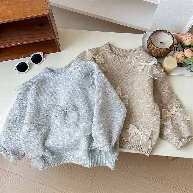 Solid Color Sweaters Cute Bow